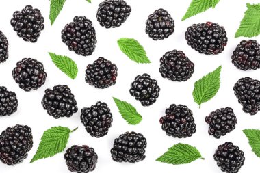 Taze böğürtlen ile izole üzerinde beyaz arka plan bırakır. Üstten görünüm. Düz yatıyordu desen