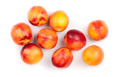 Olgun nektarin ile izole üzerinde beyaz arka plan bırakır. Üstten görünüm. Düz yatıyordu desen