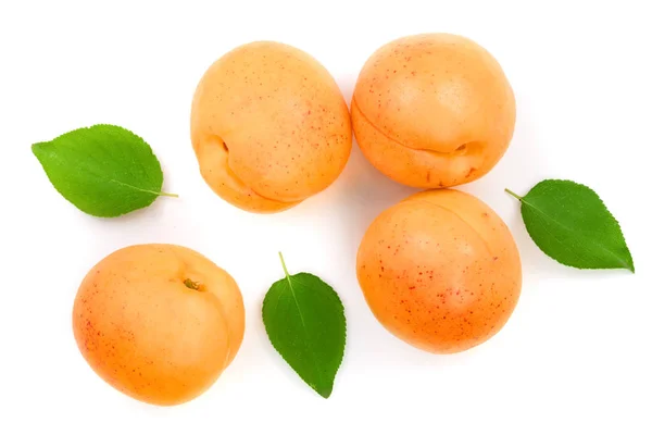 Apricot fruit with leaves isolated on white background,Top view. Flat lay pattern — Stock Photo, Image