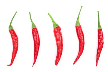 kırmızı sıcak beyaz arka plan üzerinde izole biber. Üstten görünüm. Düz yatıyordu desen. Küme veya koleksiyonu