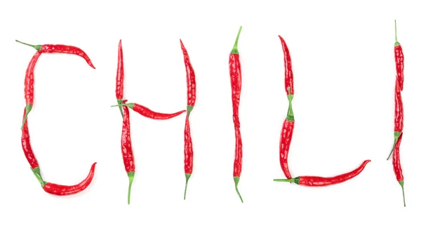Word chili written from red hot pepper letters isolated on white background — Stock Photo, Image