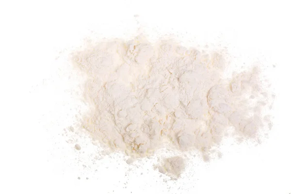 Pile of wheat flour isolated on white background. Top view. Flat lay — Stock Photo, Image