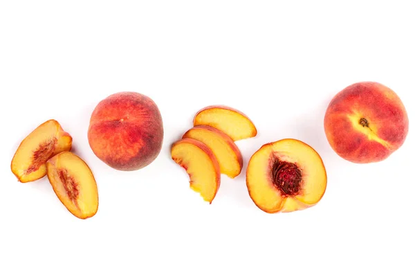 Ripe peaches isolated on white background with copy space for your text. Top view. Flat lay pattern — Stock Photo, Image