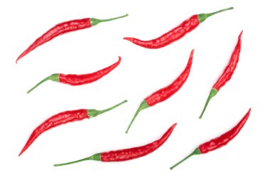 kırmızı sıcak beyaz arka plan üzerinde izole biber. Üstten görünüm. Düz yatıyordu desen. Küme veya koleksiyonu