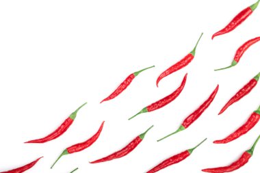 kırmızı sıcak izole kopya alanı metniniz için beyaz zemin üzerine biber. Üstten görünüm. Düz yatıyordu desen