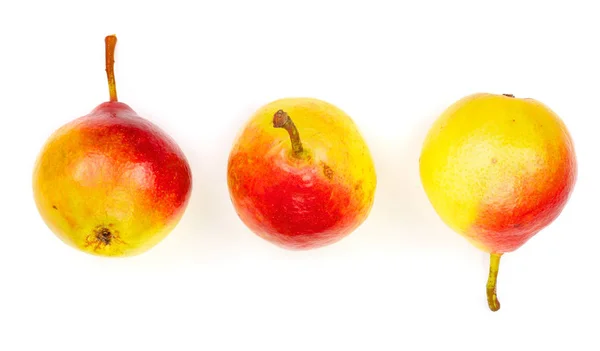 Tre frutti di pera gialla rossa matura isolati su fondo bianco. Vista dall'alto. Modello di posa piatta — Foto Stock