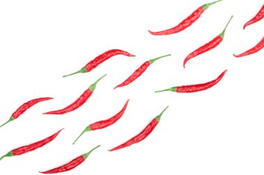 kırmızı sıcak izole kopya alanı metniniz için beyaz zemin üzerine biber. Üstten görünüm. Düz yatıyordu desen