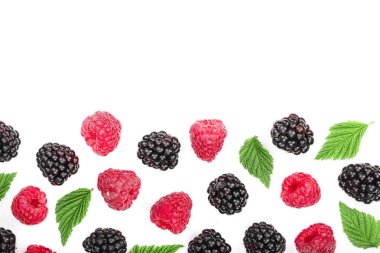 BlackBerry ve ahududu ile kopya alanı metni ile izole üzerinde beyaz arka plan bırakır. Üstten görünüm. Düz yatıyordu desen