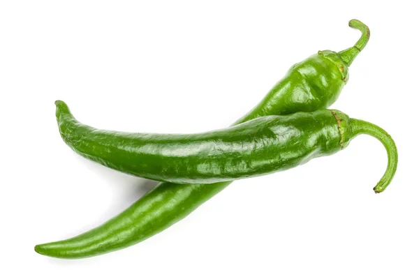 Zöld hot chili paprika elszigetelt fehér background. Felülnézet. Lapos laikus mintát — Stock Fotó