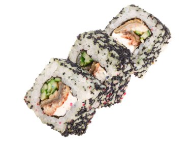 suşi rulo üzerinde izole beyaz arka plan bir gölge