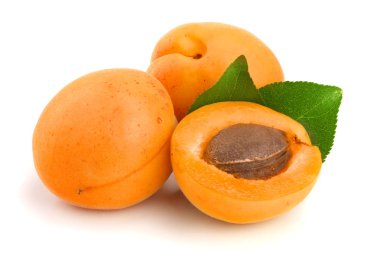 Beyaz arka plan makro'izole yaprakları ile kayısı meyve