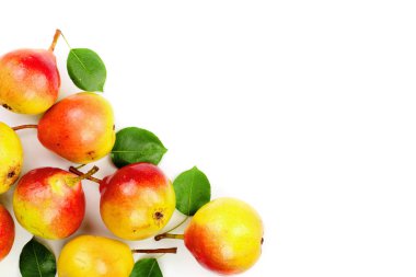 Olgun kırmızı sarı armut meyveleri izole kopya alanı metniniz için beyaz zemin üzerine yaprak. Üstten görünüm. Düz yatıyordu desen