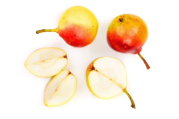 Frutti di pera giallo rosso maturo isolati su fondo bianco. Vista dall'alto. Modello di posa piatta — Foto Stock