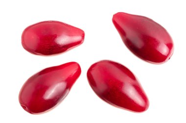 Cornel veya kızılcık beyaz arka plan üzerinde izole kırmızı meyveler. Üstten görünüm. Düz yatıyordu