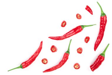 kırmızı sıcak beyaz arka plan üzerinde izole biber. Üstten görünüm. Düz yatıyordu desen