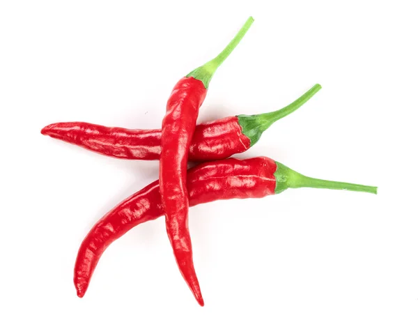 Chiles rojos picantes aislados sobre fondo blanco. Vista superior. Patrón de colocación plana — Foto de Stock