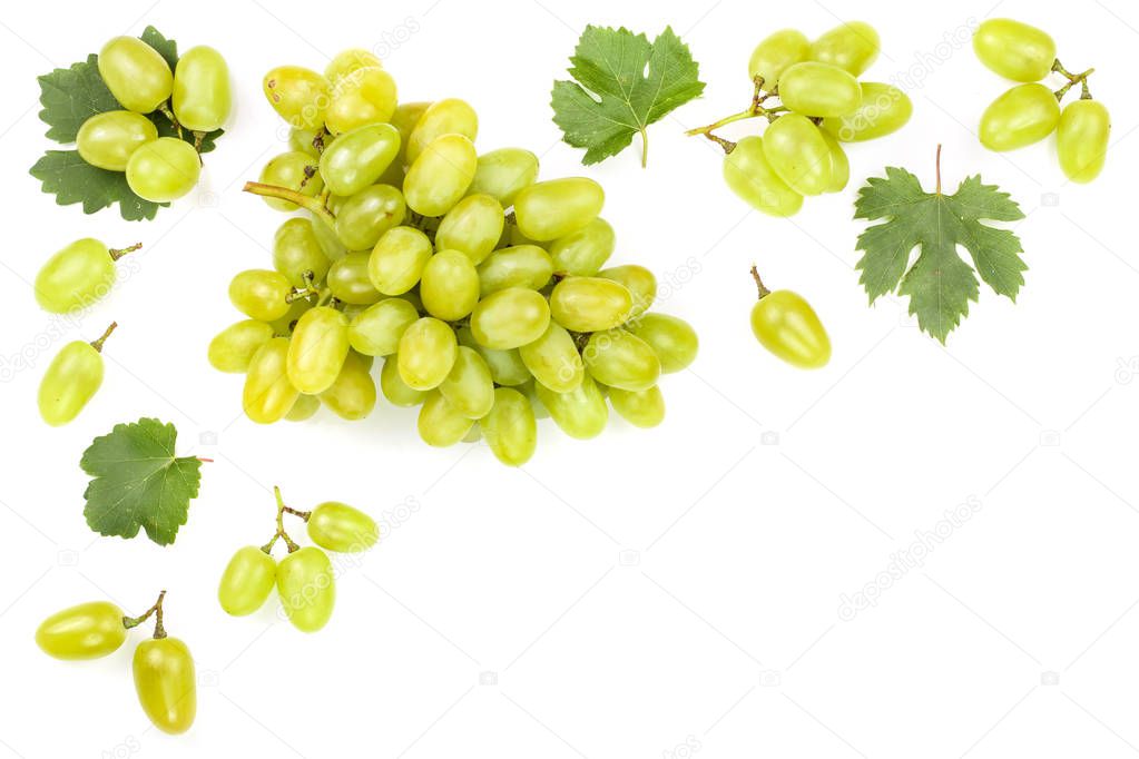 green grapes isolated on the white background with copy space for your text. Top view. Flat lay pattern