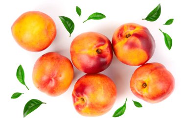 Olgun nektarin ile izole üzerinde beyaz arka plan bırakır. Üstten görünüm. Düz yatıyordu desen