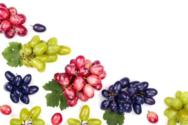 Uvas verdes rosadas y azules con hojas aisladas en el fondo blanco con espacio de copia para su texto. Vista superior. Patrón de colocación plana — Foto de Stock