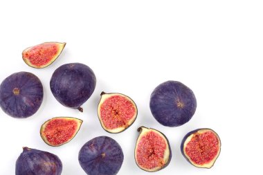 kopya alanı metniniz için beyaz zemin üzerine izole incir meyve. Üstten görünüm. Düz yatıyordu desen