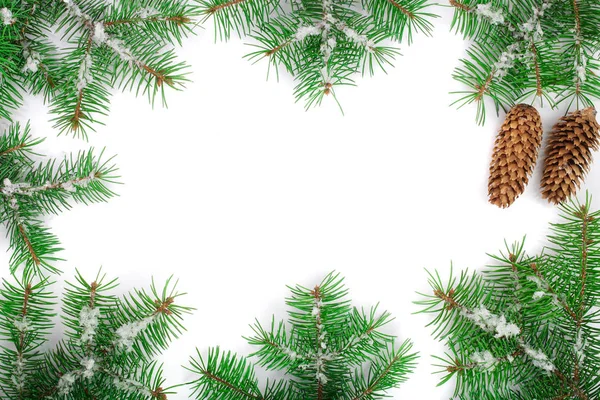 Marco de Navidad de la rama de abeto con nieve y cono aislado sobre fondo blanco con espacio de copia para su texto — Foto de Stock