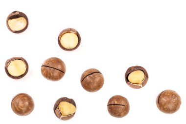 Kabuklu ve unshelled izole kopya alanı metniniz için beyaz zemin üzerine fıstık. Üstten görünüm. Düz yatıyordu desen