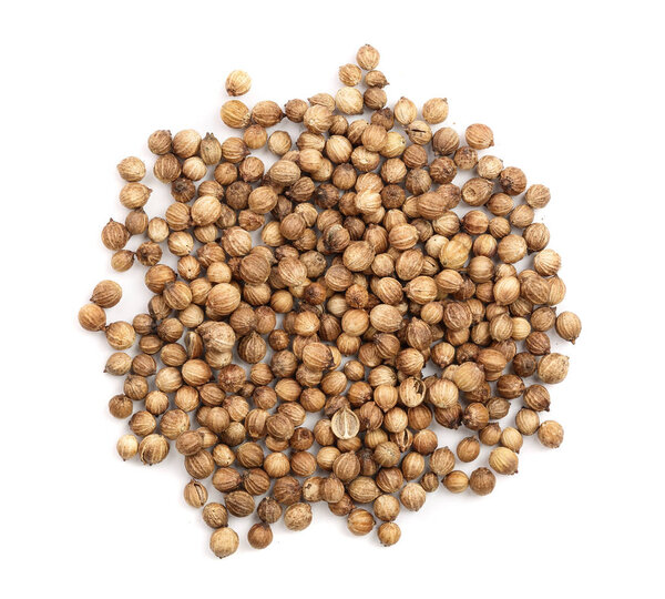 Coriander seeds isolated on white background top view