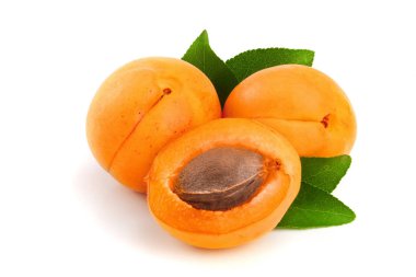 Beyaz arka plan makro'izole yaprakları ile kayısı meyve