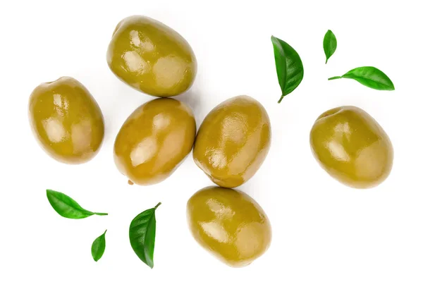 Zelené olivy izolovaných na bílém pozadí. Pohled shora. Rozložení bytu — Stock fotografie