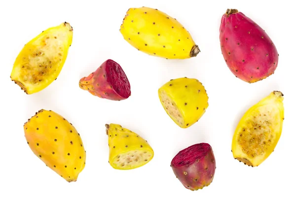 Vermelho fim amarelo espinhoso pêra ou opuntia isolado em um fundo branco. Vista superior. Depósito plano — Fotografia de Stock