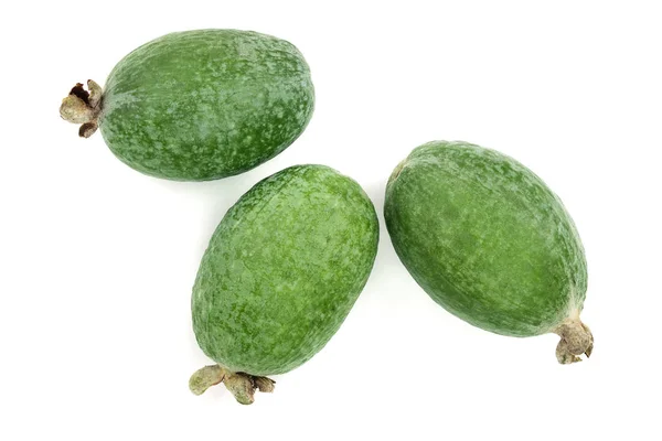 Tropisk frukt feijoa Acca sellowiana isolerad på vit bakgrund. Ovanifrån. Lägenheten låg mönster — Stockfoto