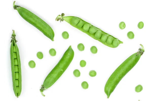 Gousse de pois vert frais isolé sur fond blanc. Vue de dessus. Modèle de pose plat — Photo