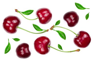 Beyaz arka plan üzerinde izole tatlı kırmızı kiraz. Üstten görünüm. Düz yatıyordu desen