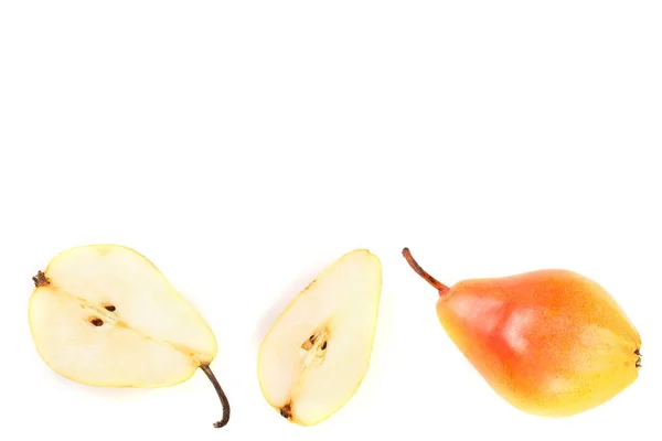 ripe red yellow pear fruits isolated on white background with copy space for your text. Top view. Flat lay pattern.