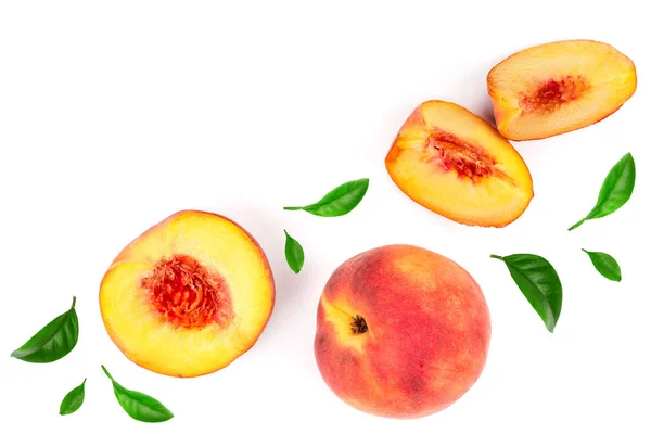 Ripe peaches with leaves isolated on white background with copy space for your text. Top view. Flat lay pattern — Stock Photo, Image