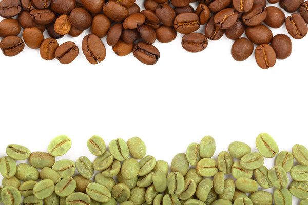 Green and brown coffee beans isolated on white background close up. Top view. Flat lay.