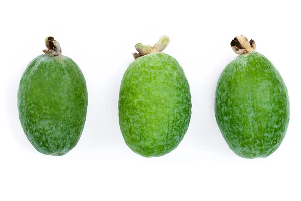 Tropisch fruit feijoa Acca sellowiana geïsoleerd op een witte achtergrond. Bovenaanzicht. Plat lag patroon — Stockfoto