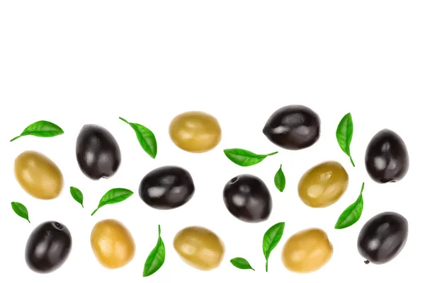 Green Black Olives Isolated White Background Copy Space Your Text — Stock Photo, Image
