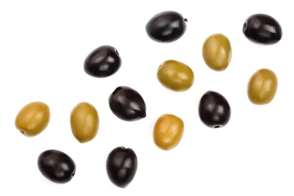 Green and black olives isolated on a white background with copy space for your text. Top view. Flat lay — Stock Photo, Image