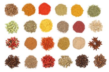 mix of spices isolated on a white background. Top view. Flat lay. Set or collection clipart