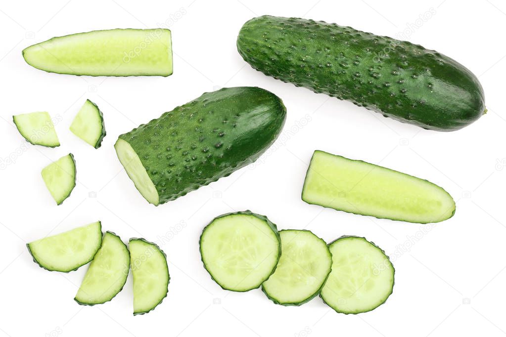 Cucumber slices isolated on white background. Top view. Flat lay pattern. Set or collection