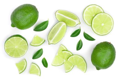 sliced lime with leaves isolated on white background. Top view. Flat lay pattern clipart
