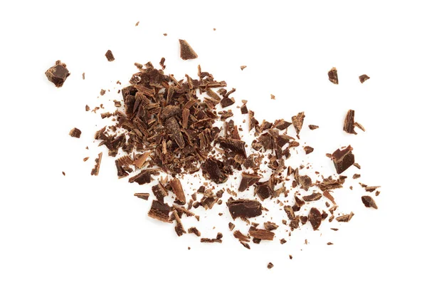 Fehér alapon izolált reszelt csokoládé. Felülnézet — Stock Fotó