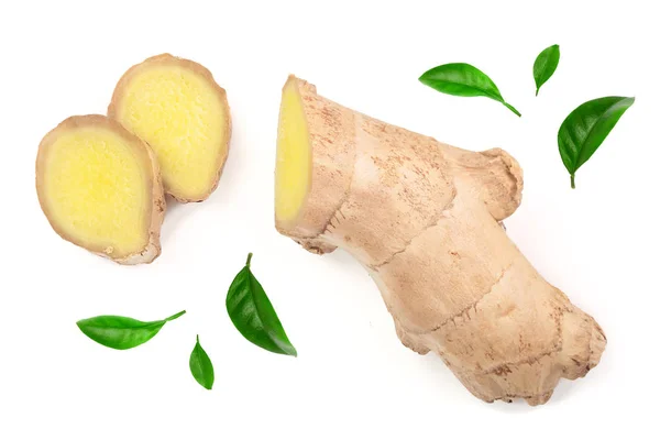 Fresh Ginger root and slice isolated on white background. Top view. Flat lay — Stock Photo, Image