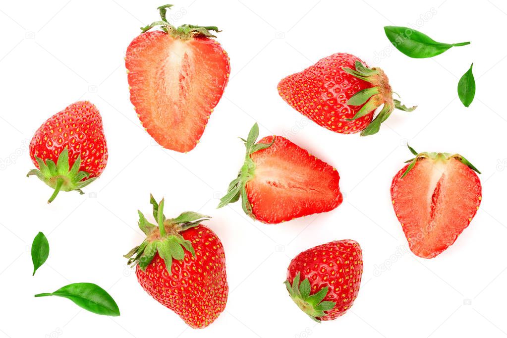 Strawberries decorated with green leaves isolated on white background. Top view. Flat lay pattern