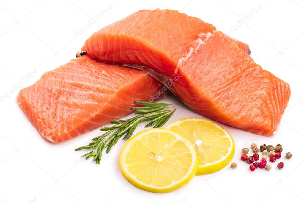 fillet of red fish salmon with lemon and rosemary isolated on white background