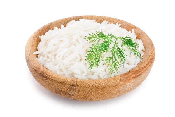 Rýže v dřevěné míse izolované na bílém pozadí. Horní pohled. Plocha — Stock fotografie
