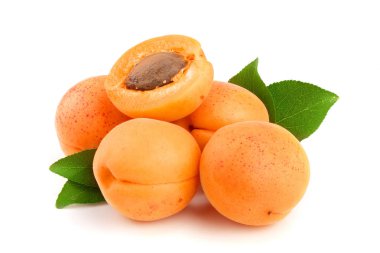 Beyaz arka plan makro'izole yaprakları ile kayısı meyve