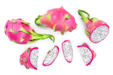 Dragon meyve, Pitaya ya da beyaz arka plan üzerinde izole Pitahaya. Üstten görünüm. Düz yatıyordu