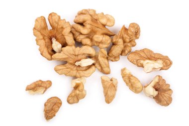 peelled ceviz beyaz arka plan üzerinde izole. Üstten görünüm. Düz yatıyordu